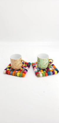 Handmade Felt  Ball Wool Coasters from Nepal, Circle Felt Coasters, Square Felt Coasters, Felt Accessories, Set of Four Felt Wool Coasters