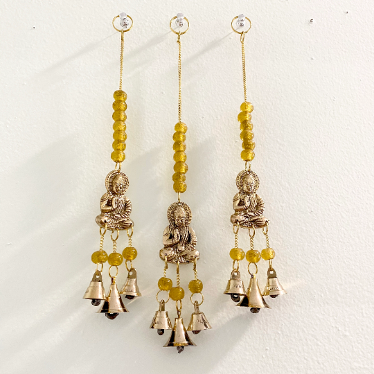 Brass Windchime with Buddha, Metal Blessing Buddha Hanging, Alter Decor, Handcrafted Wall Hanging, Home Decor, Bells and Beads, Sun catcher