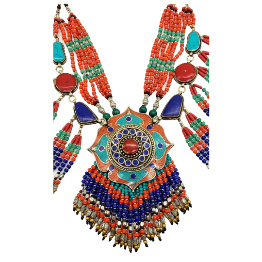 Vintage Multi Strand Chunky Necklace, Tribal Fusion Neckpiece, Gypsy Pendant Jewelry, BohemianJewelry, Coral Turquoise Lapis Lazuli Necklace