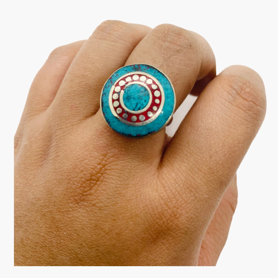 Round Turquoise/Coral Rings/Tibetan Rings/Gemstone Rings/Hippie Rings/Ethnic Boho Rings/Gypsy Rings/Statement Rings/Handmade Rings
