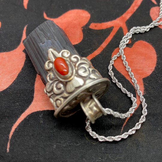 Sterling Silver Rough Tormaline Pendant, Handcarved Raw Tourmaline Necklace, Coral Pendants, Vintage Crystal Necklace, Protection Necklace
