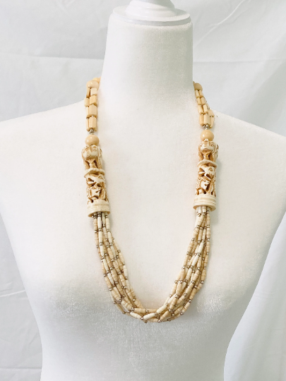 Yak Bone Tribal Style Elephant Necklace,Elephant Carved Neckpiece,Long Multistrand Vintage Jewelry,Bone Necklace,Unique Jewelry