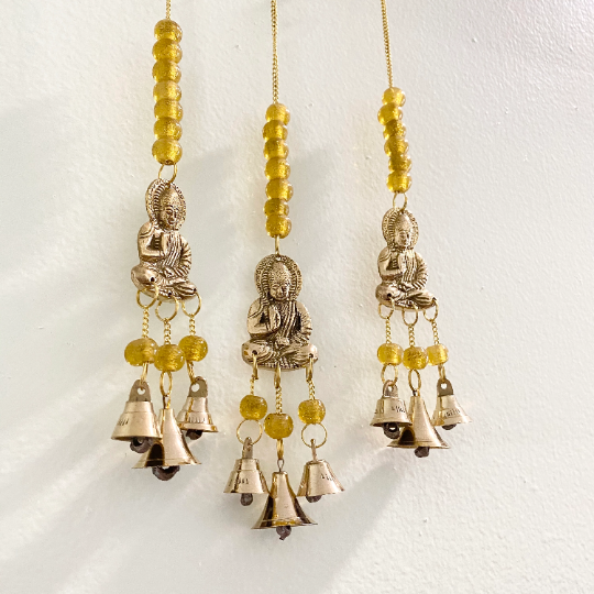 Brass Windchime with Buddha, Metal Blessing Buddha Hanging, Alter Decor, Handcrafted Wall Hanging, Home Decor, Bells and Beads, Sun catcher