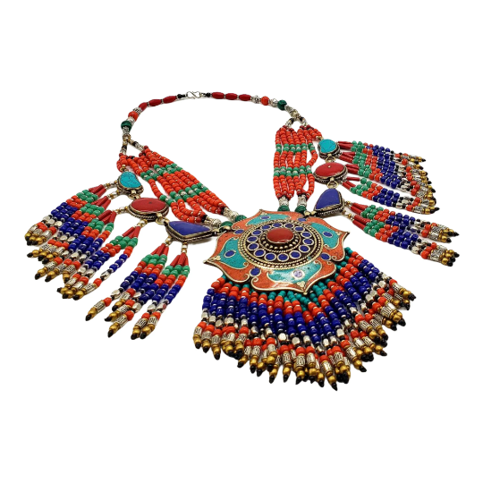 Vintage Multi Strand Chunky Necklace, Tribal Fusion Neckpiece, Gypsy Pendant Jewelry, BohemianJewelry, Coral Turquoise Lapis Lazuli Necklace