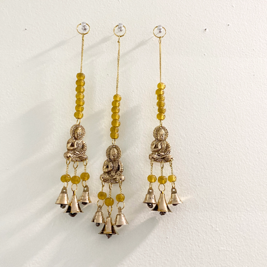 Brass Windchime with Buddha, Metal Blessing Buddha Hanging, Alter Decor, Handcrafted Wall Hanging, Home Decor, Bells and Beads, Sun catcher