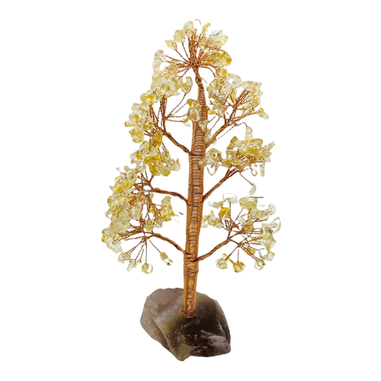 Crystal Prosperity Tree, 8 Inches Feng Shui Bonsai Tree, Copper Wired Rose Quartz, Citrine, Amethyst Money Tree with Fluorite Base