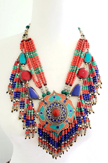 Vintage Multi Strand Chunky Necklace, Tribal Fusion Neckpiece, Gypsy Pendant Jewelry, BohemianJewelry, Coral Turquoise Lapis Lazuli Necklace