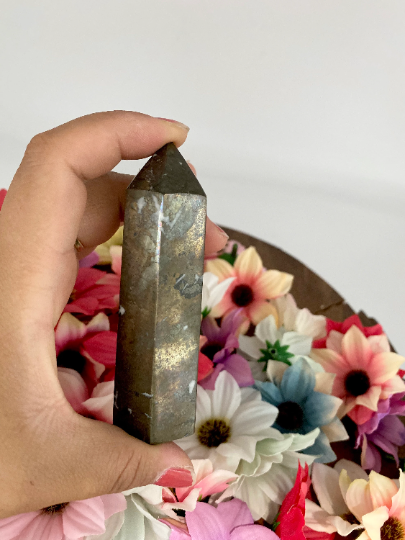 Pyrite Point, Iron Pyrite Tower, 198 gm  Pyrite Wand, Pyrite Obelisk Crystal, 3.5 inches Pyrite, Chakra Tower, Protective Crystal