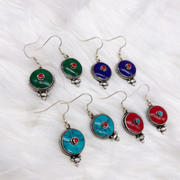 Round Gemstone Earrings, Dangle Earrings, Women Jewelry, Bohemian Style, Ethnic Tribal Style, Vajra, Dorje Earring, Gift For Her
