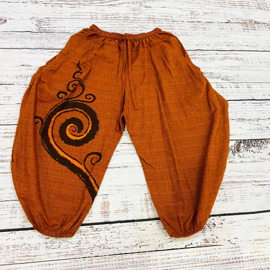 Unisex Harem Cotton Pants With Hand Paint Spiral Prints