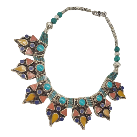 Tribal Handmade Multistone Necklace/Ethnic Vintage Neckpiece/Jewelry/Gypsy/Boho Necklace/ChunkyJewelry/Turquoise Coral Amber Necklace/Tibetan