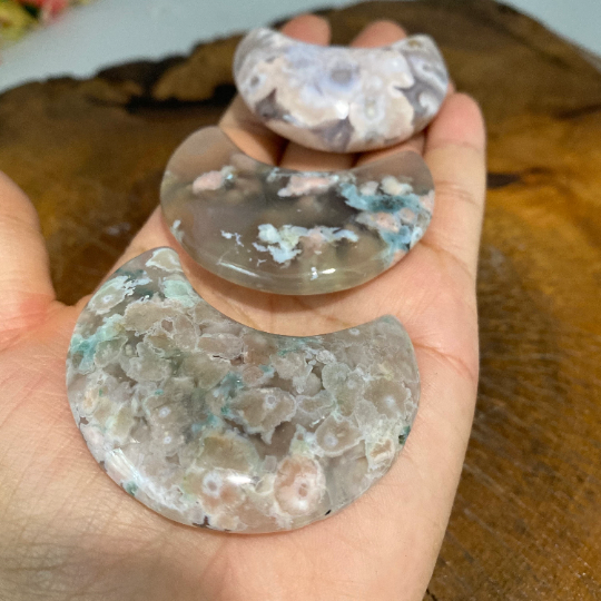 Flower Agate Moons, Cherry Blossom Agate Crescent Moon, Crystal Moon, Pocket Stone, Sacred Stones, Healing Crystals, Handcarved Crystals