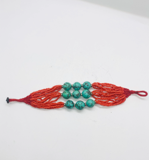 Coral Strand Beaded Bracelet with Turquoise Coral and Amber, Round Gemstone Bracelet, Statement Coral Bracelet from Nepal, Sown Coral Bead