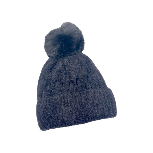 Faux Fur Lined Pom Pom Winter Beanie/Hat