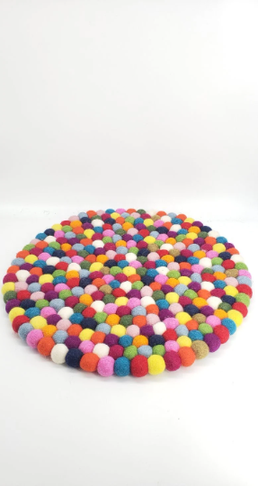 Handmade Felt Ball Placemat from Nepal, Multicolor Placemat,Round Placemat, Modern Dining, Home Decor,Large Trivet for Hot Pad, Big Felt Mat