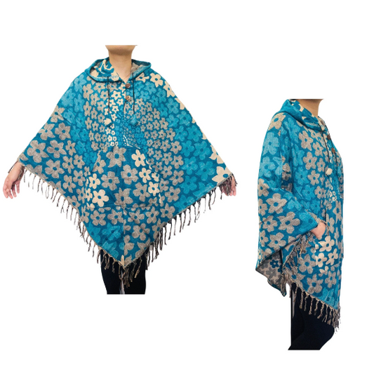Winter Yak Wool Poncho with Hood and Pockets, Printed Woolen Ponchos, Cape Shawl, One Size Handmade Poncho, Winter Wraps, Fringe Style