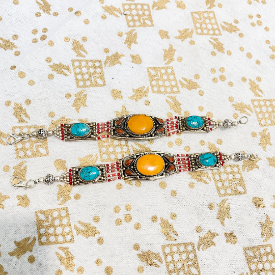 Ethnic Bohemian Turquoise Coral Bracelet, Vintage Tibetan Bracelet, Boho Style Cuff Bracelet, Tribal Fusion Beaded Bracelet, Nickel Free