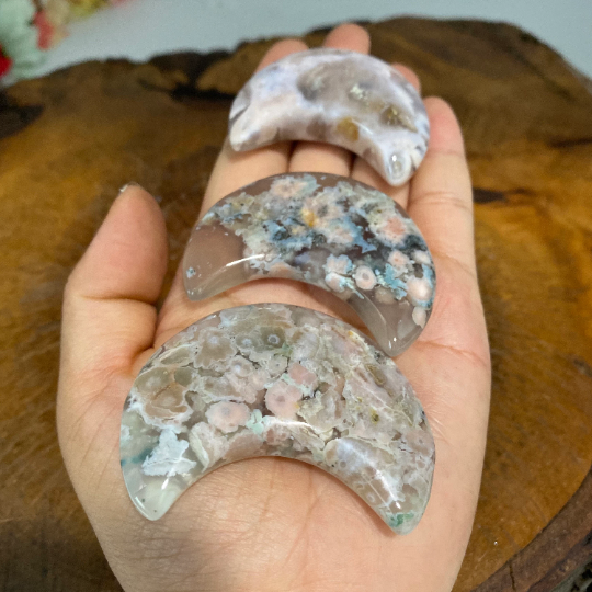 Flower Agate Moons, Cherry Blossom Agate Crescent Moon, Crystal Moon, Pocket Stone, Sacred Stones, Healing Crystals, Handcarved Crystals