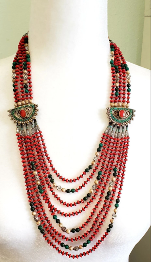 Multi Strand  Turquoise, Coral Necklace from Nepal, Ethnic Gemstone Neckpiece, Tribal Fusion Gypsy Jewelry, Vintage Coral Beads Necklace