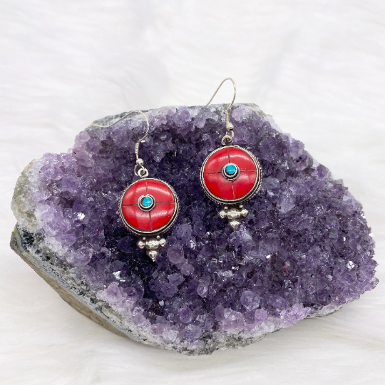 Round Gemstone Earrings, Dangle Earrings, Women Jewelry, Bohemian Style, Ethnic Tribal Style, Vajra, Dorje Earring, Gift For Her