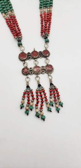 Vintage Multi strand Handmade Turquoise, Coral Necklace, Bohemian Jewelry, Indian Jewelry, Statement Neckpiece, Gypsy Style