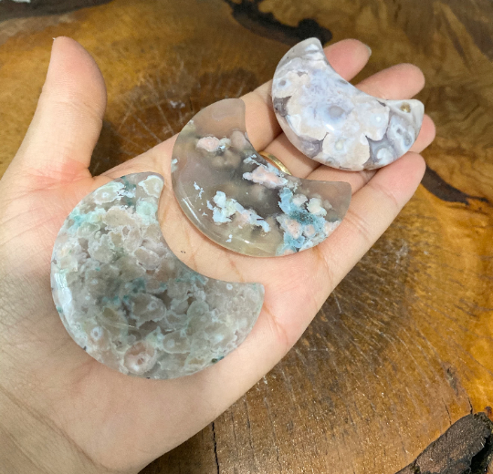 Flower Agate Moons, Cherry Blossom Agate Crescent Moon, Crystal Moon, Pocket Stone, Sacred Stones, Healing Crystals, Handcarved Crystals