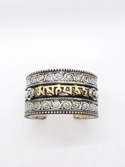 Filigree Handmade Wide Cuff Metal Bracelet with Buddhist Healing Mantra