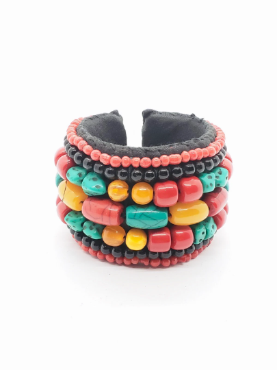 Handstitched Turquoise/coral/Amber Cuff Bracelet Gemstone Bracelet