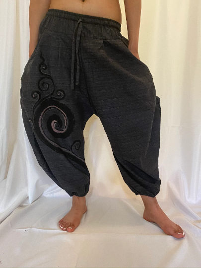 Unisex Harem Cotton Pants With Hand Paint Spiral Prints