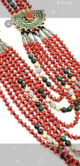 Multi Strand  Turquoise, Coral Necklace from Nepal, Ethnic Gemstone Neckpiece, Tribal Fusion Gypsy Jewelry, Vintage Coral Beads Necklace