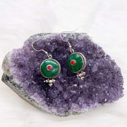 Round Gemstone Earrings, Dangle Earrings, Women Jewelry, Bohemian Style, Ethnic Tribal Style, Vajra, Dorje Earring, Gift For Her