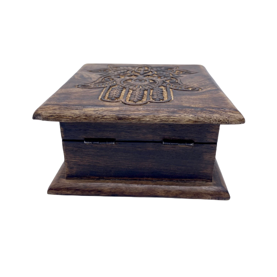 Wooden Lotus Hamsa Storage Box, Wood Carvings, Trinket Jewelry Box, Hand Carved Crystal Storage Box, Stash  Box, Altar Keepsake Box