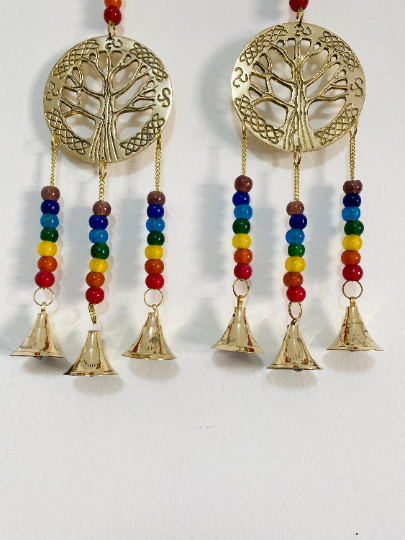 Chakra Windchime,Seven Chakra Wall Hanging,Metal Brass Tree of Life Windchime, Chakra Suncatcher with Beads,Gold Chakra Alignment Hanging