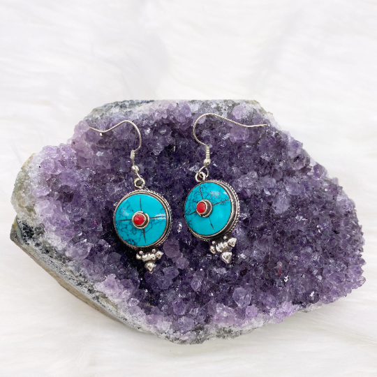 Round Gemstone Earrings, Dangle Earrings, Women Jewelry, Bohemian Style, Ethnic Tribal Style, Vajra, Dorje Earring, Gift For Her