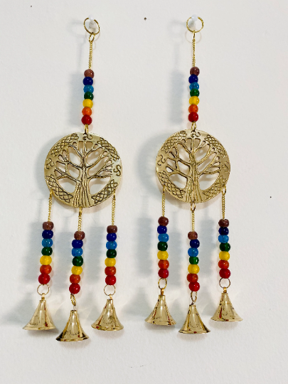 Chakra Windchime,Seven Chakra Wall Hanging,Metal Brass Tree of Life Windchime, Chakra Suncatcher with Beads,Gold Chakra Alignment Hanging