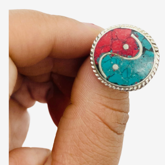 Vintage Ying Yang Turquoise/Coral Ring, Authentic Ying Yang , Tribal Fusion, Vintage Boho Jewelry, Tibetan SIlver Jewelry,