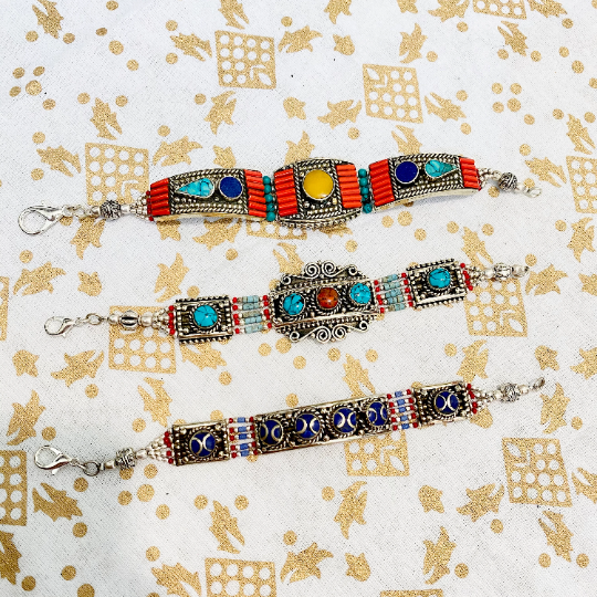 Tribal Fusion Handmade Bracelet with Amber, Coral, Turquoise  Ethnic Bracelet, Vintage Jewelry, Bohemian Bracelet, Gypsy Jewelry