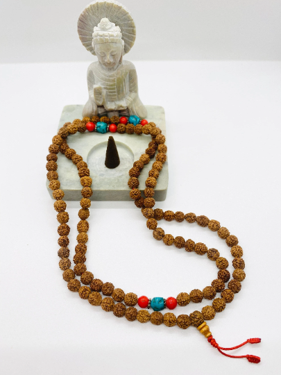 Handmade Rudraksha Prayer Beads with Turquoise and Coral