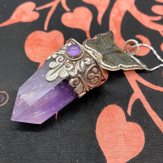 Amethyst Silver Pendant, Butterfly Carved Amethyst/ Labradorite Pendants, Pointed Crystal Necklace, Vintage Sterling Silver Crystal Pendant