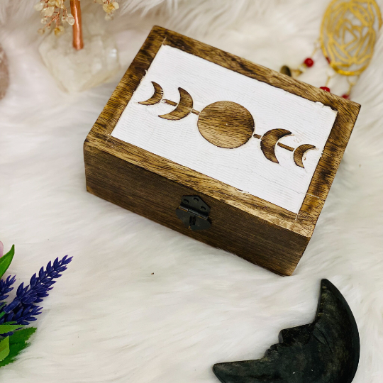 Moon Phase Carved Wooden Trinket Box
