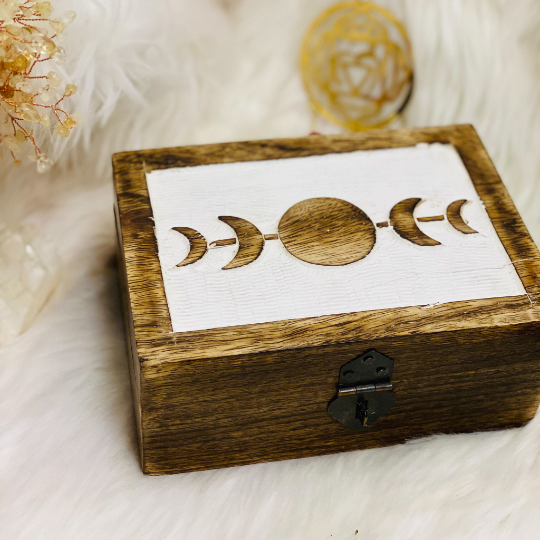 Moon Phase Carved Wooden Trinket Box