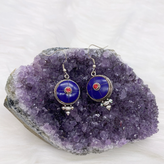 Round Gemstone Earrings, Dangle Earrings, Women Jewelry, Bohemian Style, Ethnic Tribal Style, Vajra, Dorje Earring, Gift For Her