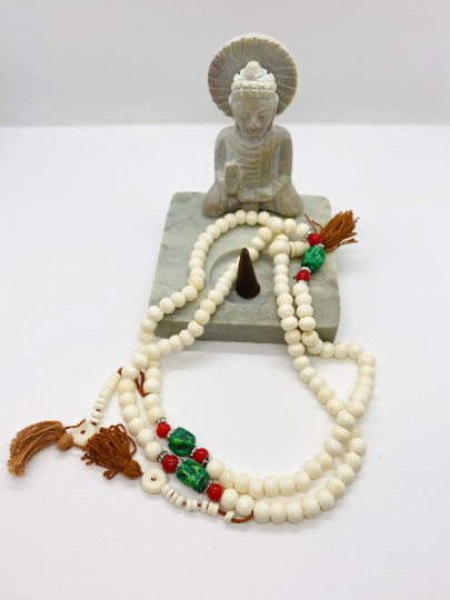 White Yak Bone Prayer Beads with Turquoise and Coral