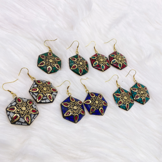 Tibetan Turquoise, Coral, Lapis Lazuli Round Earrings, Bohemian Jewelry, Ethnic Silver Earrings, Unique Women Accessories, Gift for Her