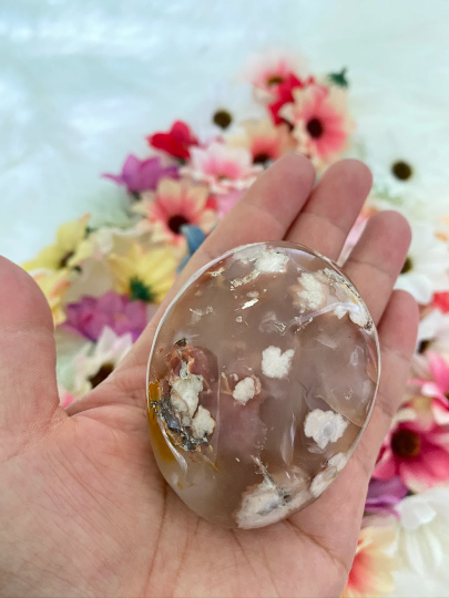 Flower Agate Palmstone,Cherry Blossom Agate,Worry Stone,Polished Agate Crystal,Stone of Dreamers,Gemstone for Self Growth,Pocket Stone