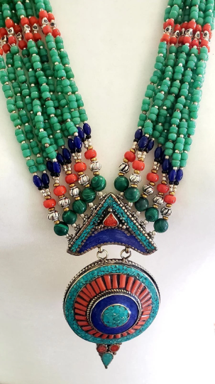 Vintage Turquoise/Coral  Multi Strand  Handmade Tibetan Necklace, Tribal Fusion Neckpiece, Unique Large Jewelry, Bohemian Accessories