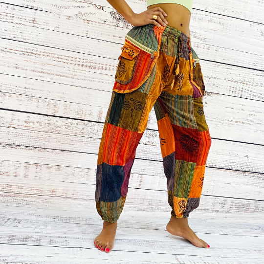 Patchwork Harem Retro Style Pants with Multi Pockets