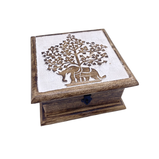 Handcarved Elephant Wooden Box, Storage Box, Elephant Gift Box, Tree of Life Altar Box, Jewelry Box, Good Luck Gifts, Crystal Storage Box