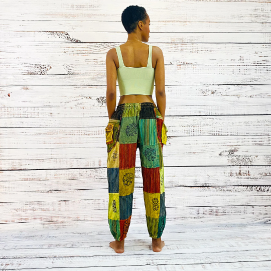 Patchwork Harem Retro Style Pants with Multi Pockets