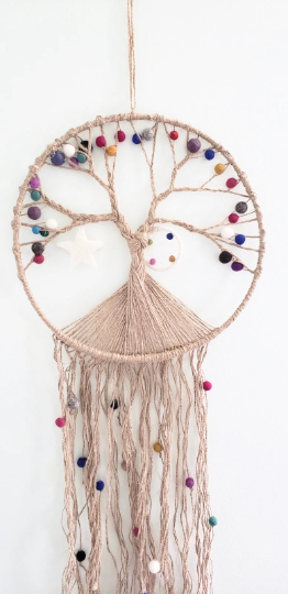 Tree of Life Dreamcatcher,Felt Ball Dreamcatcher,Wall Hanging,Handmade Room Decor,Nursery Room Decor,Rainbow Treeof Life,Macrame Dreamcatcher